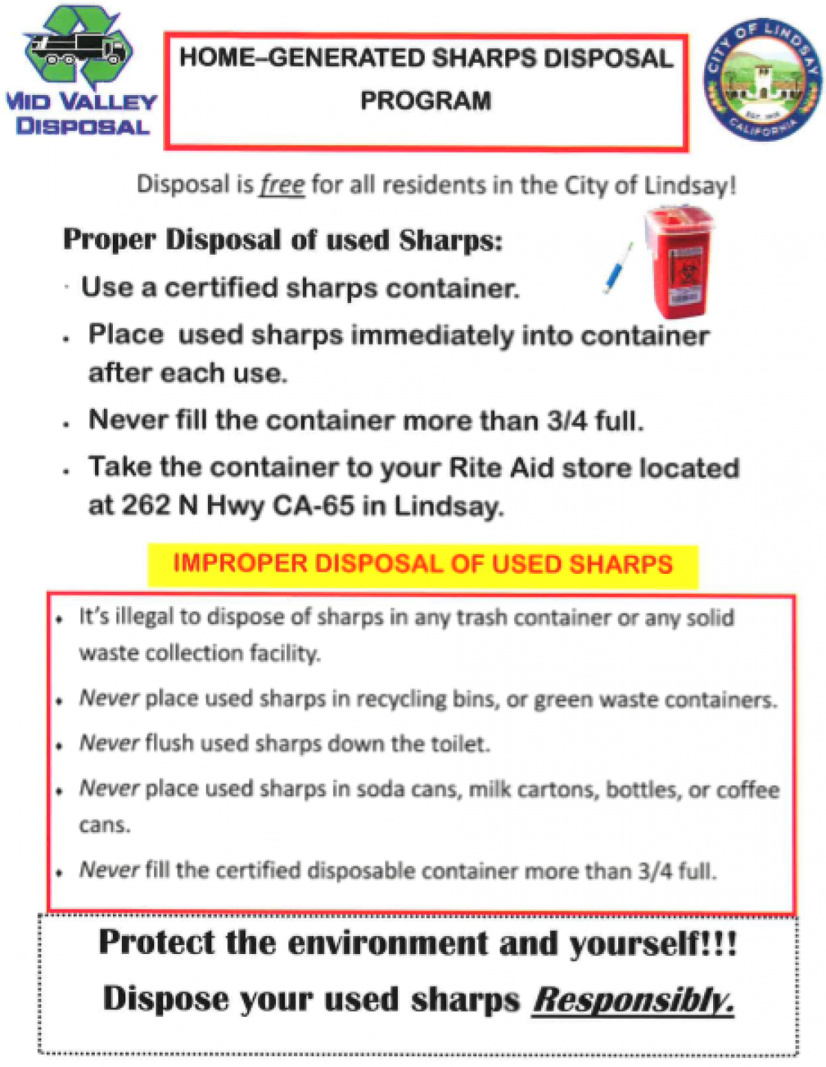 Sharps Disposal Lindsay California